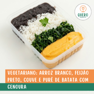 VEGETARIANO: ARROZ BRANCO, FEIJÃO PRETO, COUVE E PURÊ DE BATATA COM CENOURA - 350G